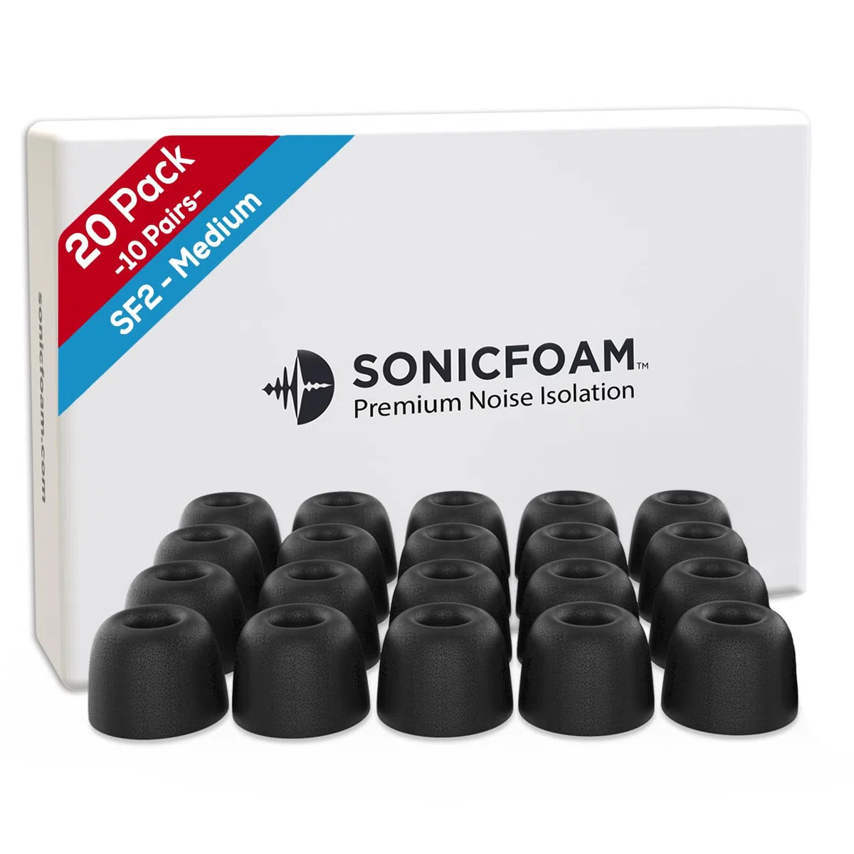 SONICFOAM Memory-Schaum-Ohrhörer-Aufsätze – Prämie Geräuschisolierung, Ersatz-Ohrhöreraufsätze aus Schaumstoff, 20 Stück für In-Ear-Kopfhörer (SF2 Mittel, Schwarz)